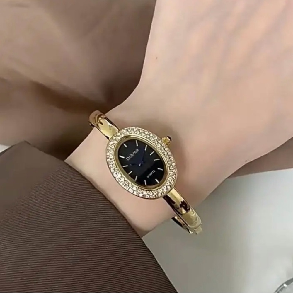Gold Elegant Women's Watch with Black Dial With Crystal Rim